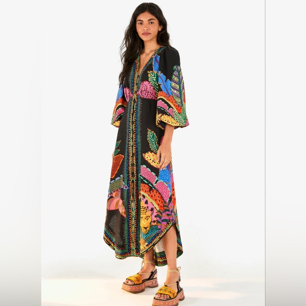FARM Rio Black Maxi Dress with Multicolor Tropical Print